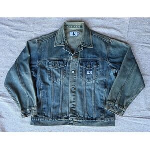 Vintage 90s Mens Sz XL Calvin Klein CK Denim Trucker Jean Jacket Y2K - Flaw